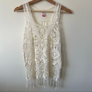 White Natural Crochet Tank with Fringe Top